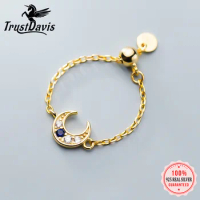 TrustDavis Genuine 925 Sterling Silver Cute Gold Moon Chain Adjustable Ring For Women Wedding Silver 925 Ring Jewelry Gift DA204