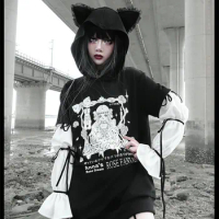 Original Design Punk Printing Anime Japanese Cat Ear Hooded Sweatshirt Long Puff Sleeve Chiffon Lace up Gothic Black Hoodies