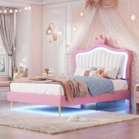 bed,Princess Bed With Crown Headboard,Lovely Upholstered Bed Frame for Kids bedroom