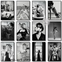 Vintage Black White Fashion Photography Style Sexy Woman Drinking Smok Art Poster Canvas Painting Wall Prints Picture Home Decor