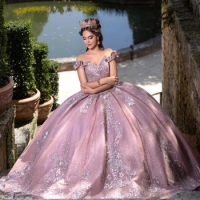 Lorencia Pink Shiny Quinceanera Dress 2023 Off Shoulder Princess Ball Gown Sweet 16 XV Years Party Pageant Mexican Dress YQD433