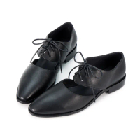 【HERLS】牛津鞋-全真皮鏤空綁帶尖頭低跟牛津鞋(黑色)