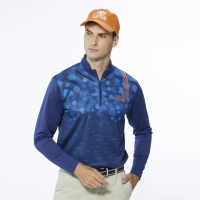 【Lynx Golf】男款合身版蜂巢狀流線造型山貓貼膜設計長袖立領POLO衫/高爾夫球衫(深藍色)