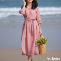 【ACheter】棉麻感圓領文藝大碼寬鬆遮肚飄逸七分袖大擺連身裙長洋裝#121572(粉紅/藍)