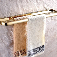 Polished Gold Color Brass Wall Mounted Bathroom Double Bar Rack Towel Rails Holder 2ba842