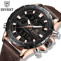 DIVEST Brand Bussiness Watch Men Sport Quartz Watch Luxury Leather Waterproof Military LED Digital Wrist Watch Relogio Masculino