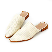 【HERLS】穆勒鞋-全真皮編織尖頭低跟穆勒鞋拖鞋(米白色)