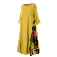 Dress Women Dress Plus Size Summer Vintage O Neck 3/4 Sleeve Side Button Printed Dress Casual Plaid Patchwork Kaftan Loose Dress