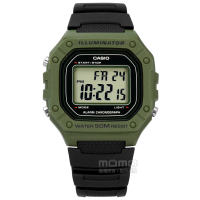 【CASIO 卡西歐】復古方型 計時碼錶 LED照明 鬧鈴 電子 橡膠手錶 墨綠x黑 42mm(W-218H-3A)