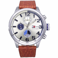 【Tommy Hilfiger】Tommy 美國時尚三眼流行風格優質皮革腕錶-咖啡-1791239