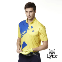 Lynx Golf 男款吸濕排汗賽車方格旗設計山貓繡花短袖立領POLO衫/高爾夫球衫(黃色)