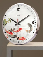 新中式掛鐘錦鯉 靜音客廳鐘表 金屬時尚壁鐘免打孔14英寸簡約時鐘