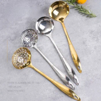 Professionally Designed Long Handle Hot Pot Spoon with Leaky Spoon in Golden Set
