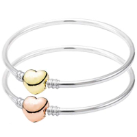Original Rose Gold Love Heart Clasp Snake Chain Bangle Bracelet Fit 925 Sterling Silver Bead Charm Bangle Diy Europe Jewelry