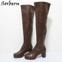 Sorbern Coffee Mid Thigh High Boots For Women Plus Size Eu48 Eu47 Square Heels Round Toe Shoes Custom Leg Size Fetish Boots