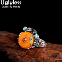 Uglyless Luxury Big Gems Natural Amber Beeswax Rings Women Thai Silver Little Flowers Rings 925 Stering Silver Jewelry Turquoise