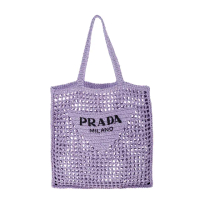 【PRADA 普拉達】經典三角形LOGO刺繡字樣標誌拉菲草手提/肩背包(紫色)