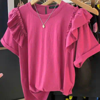 ZANZEA Women Ruffle Blouse 2024 Summer Chic Short Sleeve Tops Shirt Elegant Solid Round Neck Tunic Casual Loose Blusa Oversized