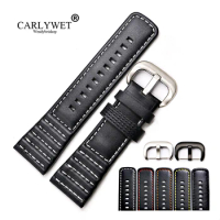 CARLYWET 28mm Real Calf Leather Black White Replacement Wrist Watch Band Strap Belt With Silver Black Buckle For Seven Friday