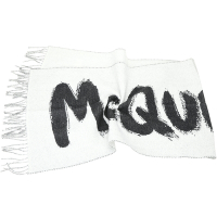 Alexander McQueen Graffiti 塗鴉字母流蘇羊毛圍巾(淺灰色)