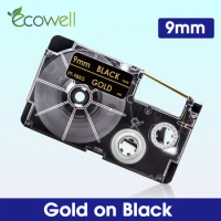 Ecowell Label tape XR-9BKG Gold on Black Compatible for Casio 9mm XR 9BKG XR9BKG printer ribbon for Casio Kingjim Label Maker