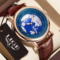 LIGE บุรุษนาฬิกาแฟชั่นดาวเคราะห์สีฟ้าสร้างสรรค์โลกควอตซ์นาฬิกาข้อมือหนังนาฬิกากันน้ำสำหรับผู้ชายนาฬิกา Relógio Masculino