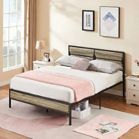 Queen Size Platform Bed Frame With Wood Headboard/Premium Steel Slats Support/No Box Spring Needed,modern Grey Bedroom Funiture