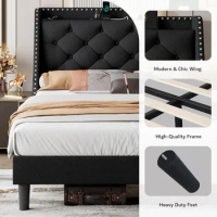 King Size Bed Frame with 16" Deluxe Wingback &amp; USB &amp; Type-C Ports, Upholstered Platform Bed Frame