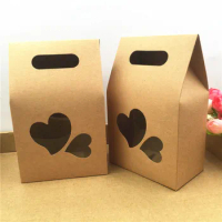 10Pcs Kraft Paper Food Bag Double Heart with Handle Craft Packaging Bag with PVC Window for Storing Dried small Food candy