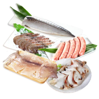 【戀戀蚵仔寮】露營烤肉鮮味組(薄鹽鯖魚片、飛魚卵香腸、魷魚無插串2入、大白蝦、金目鱸魚下巴)