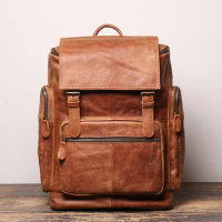 Cowhide Men's Backpack Vintage Brown Leather Casual Backpack 15.6'' Laptop Bag Large Capacity Outdoor Travel Backpack