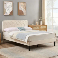 Queen Size Bed Frame Upholstered Platform With Adjustable Headboard/Mattress Foundation Solid Wooden Slat, No Box Spring Needed