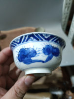 日本回流瓷器古董清代老青花茶碗靈芝花卉紋，畫工發色漂亮，全品