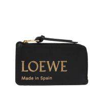 【LOEWE 羅威】金色Logo 燙印小牛皮拉鍊零錢包/卡夾包(黑色)