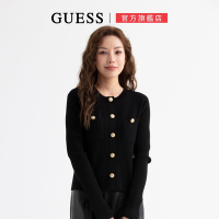【GUESS】小香風羊毛混紡針織開衫外套-黑