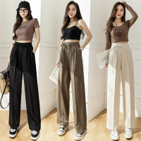 Quần Dài Âu Buộc Dây Chân Thẳng Cho Nữ, Quần Ống Rộng Xếp Nếp Cạp Cao Mùa Thu, Phong Cách Mới 2025, 