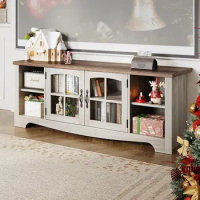 Farmhouse TV Stand, Wood Entertainment Center with Glass Door Storage Cabinet-Adjustable Shelves, Large Sturdy TV Console Table