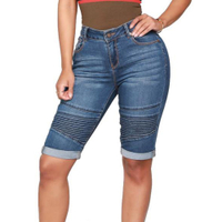 HOT 【hot】 Denim Shorts 2023 Ladies Waist Knee Length Jeans Short Pants Biker Bermudas Mujer
