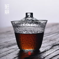 日式加厚錘紋耐熱玻璃三才蓋碗茶杯功夫泡茶碗手抓壺茶具套組大號1入