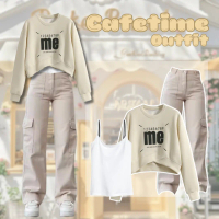 Setelan Wanita  Nyaman One Set Hangout Santai  Keren Sweater Me Cream + Celana Cargo Cream + Tanktop