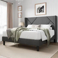 Modern Wingback Upholstered Queen Bed Frame with 8" Storage No Box Spring Needed Easy Assembly Quiet Night Gray Wood 1000lbs