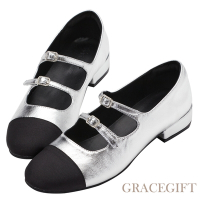 【Grace Gift】星際漫遊雙帶低跟芭蕾舞鞋 銀
