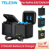 TELESIN For GoPro 12 11 10 9 Battery 1750mAh 3 Slots LED Light Charger Box TF Card Storage For GoPro Hero 9 10 11 12 Black