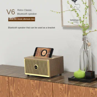OneDer V6 Vintage Wood Bluetooth Speaker Creative Gift Card Subwoofer Phone Stand Audio Portable Mobile Phone Computer Speaker
