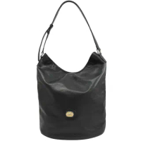 【GUCCI 古馳】簡約金屬LOGO仿舊小牛皮側背肩背包水桶包(黑)