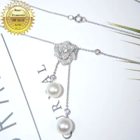 18K white gold rose flower diamond necklace wihte Natural pearl
