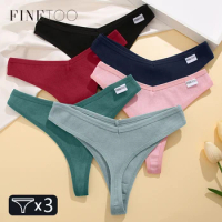 FINETOO Women's Cotton Thongs 3Pcs Comfortable Waffle G-string Female Low-Rise T-Back Underwear S-XL Bikini Underpants Lingerie