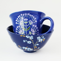 手繪陶瓷餐具碗杯套餐藍色早餐杯湯杯點心碗家用面碗釉下彩工藝