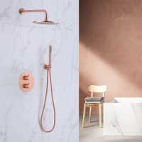 Rose Gold Brass Shower Faucets 10" Rainfall Shower Head Bathroom Shower System Diverter 2 Ways Thermostatic Valve Shower Set