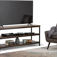 SOLID MANGO WOOD 60 Inch Wide Industrial TV Media Stand in Dark Cognac Brown for TVs up to 65 Inches